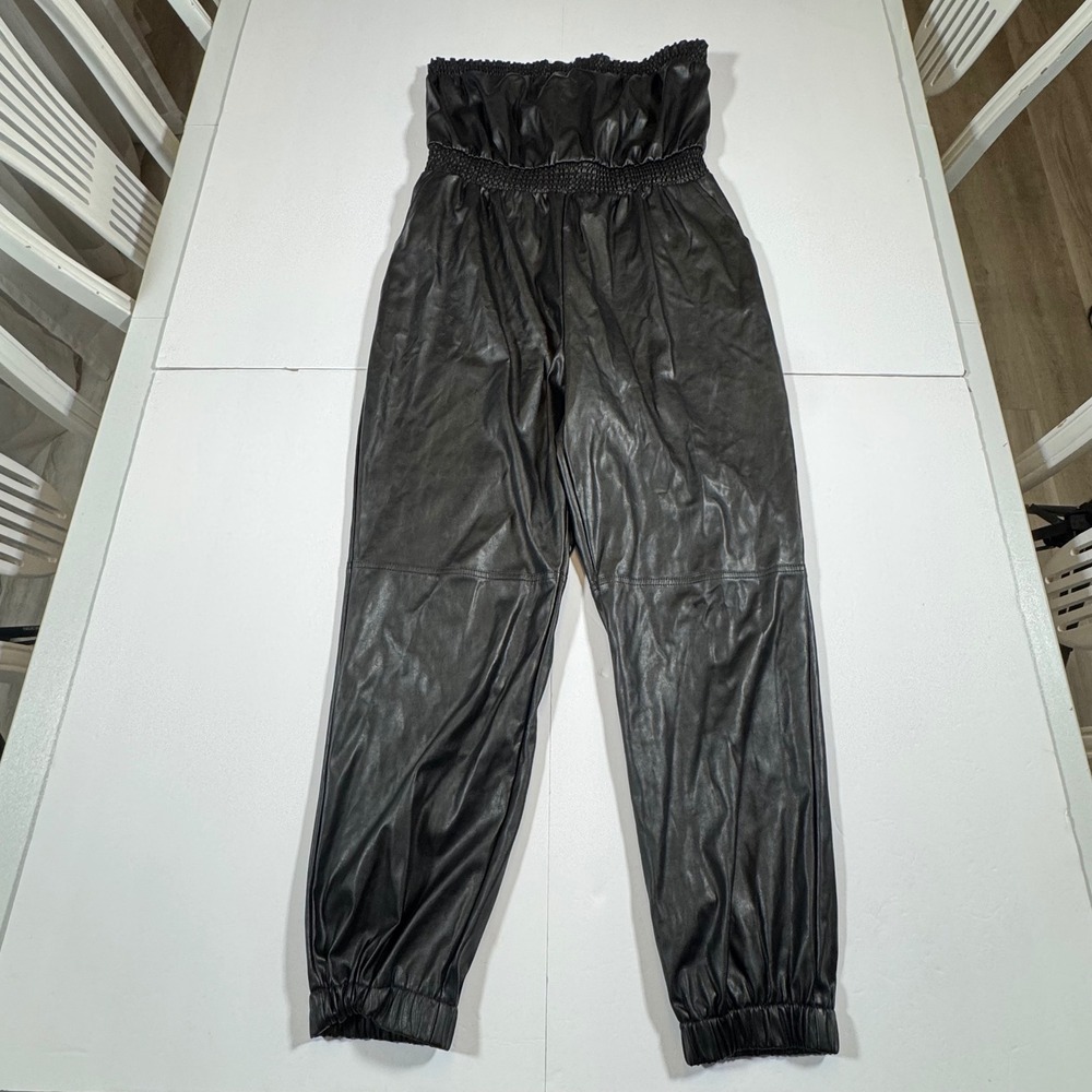 NY&C New York & Company Black Faux Leather Strapless Smocked Jumpsuit XL